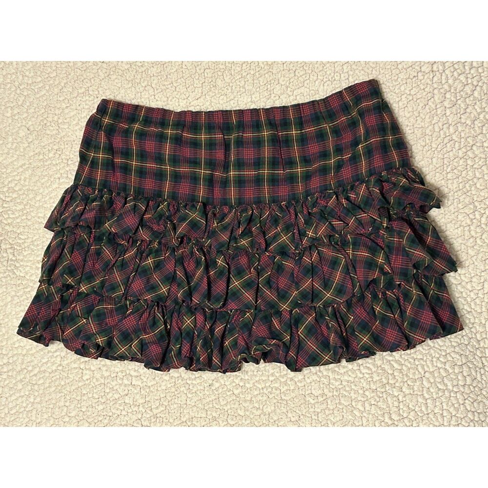 Coquette Preppy Ralph Lauren Tartan Plaid Tiered Ruffle Micro Mini Skirt Sz 150